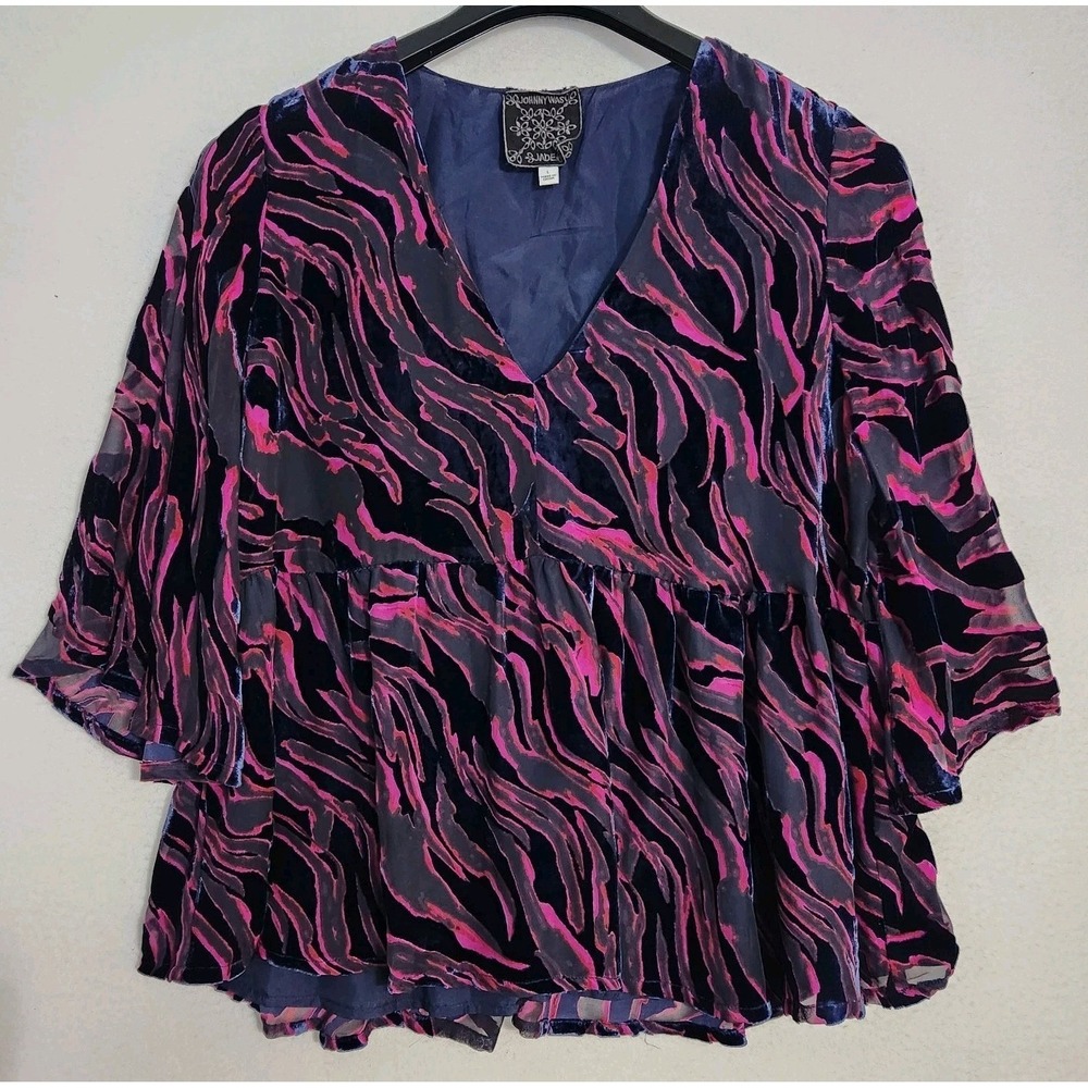Johnny Was Jade Eggplant Black Purple Silk Velvet Flowy Boho Print Top Sz L